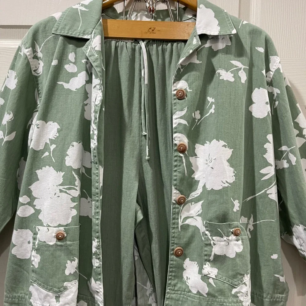 Orvis Pant Set Women 14 Green Floral Cotton‎ Jacket Elastic Waist Botanical USA